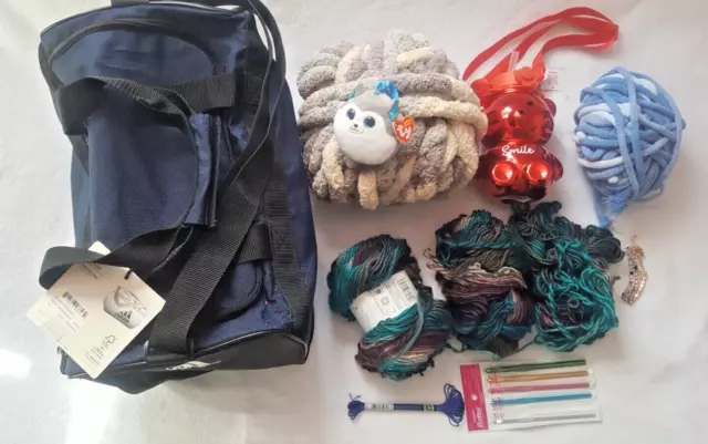 Crochet hook set and yarn plus Adidas Diablo Small II Duffel Bag