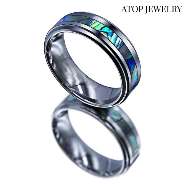 8Mm Tungsten Stunning jade&Abalone Stripe Inlaid Wedding Band Ring Mens jewelry