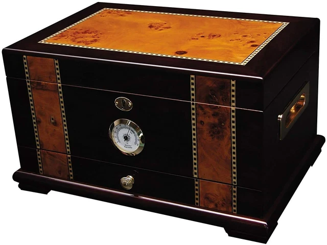 Solana Desktop Cigar Humidor, Rosewood W/ Maple-Burled Wood Inlay, Spanish Cedar