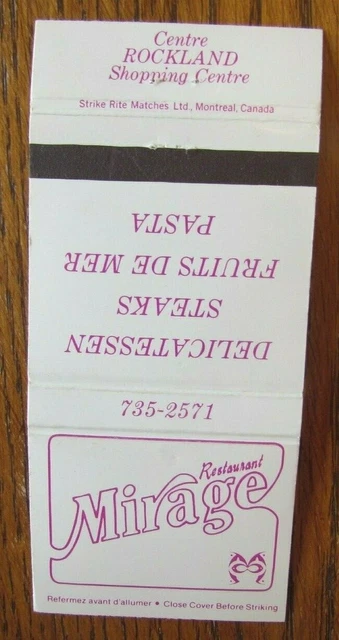 Deli Restaurant Matchbook Cover: Mirage Montreal, Quebec Empty Matchcover -D8