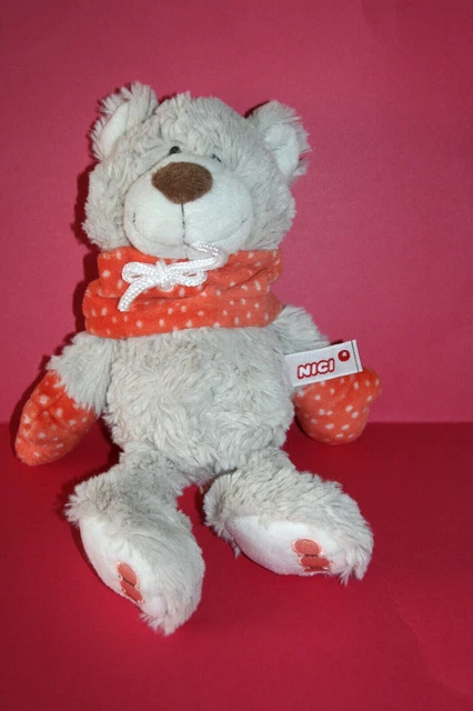NICI DOUDOU PELUCHE OURS FOURRURE BEIGE 25 cm ECHARPE ORANGE A POIS ETAT NEUF