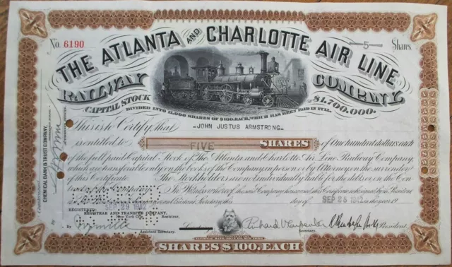 Atlanta and Charlotte Air Line Railway 1942 Railroad Stock Certificate, GA NC Br