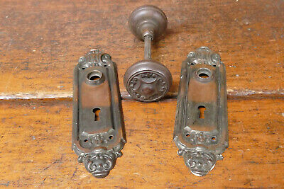 Antique 1890s/1900s Victorian Japanned Flashed Copper Ornate Doorknob Set