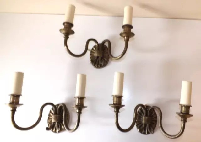 Set Of 3 Cast Brass Double Wall Light Faux Candle Sconces