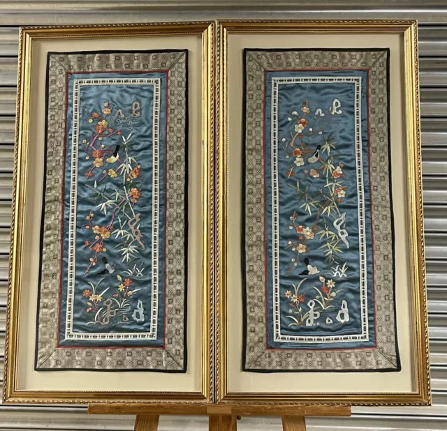Stunning Pair Of Large Chinese Hand Embroidered Silk Artwork
