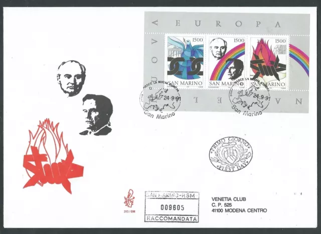 1991 San Marino Fdc Venetia 310 Nuova Europa Timbro Arrivo - Bg