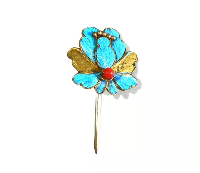 Qing Dynasty Kingfisher Feather Hair Pin Antique VINTAGE Blue Tian-tsui 點翠