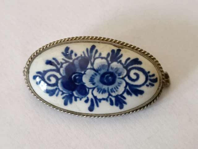 Broche Argent Massif & Porcelaine Delfts Holland Bijoux Vintage 4,7 g