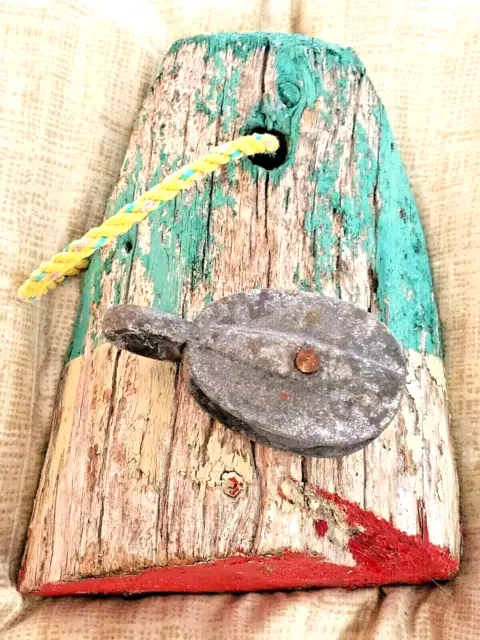 LOBSTER BUOY vintage wood Green White Red w/Rope & Iron Pulley New England Maine