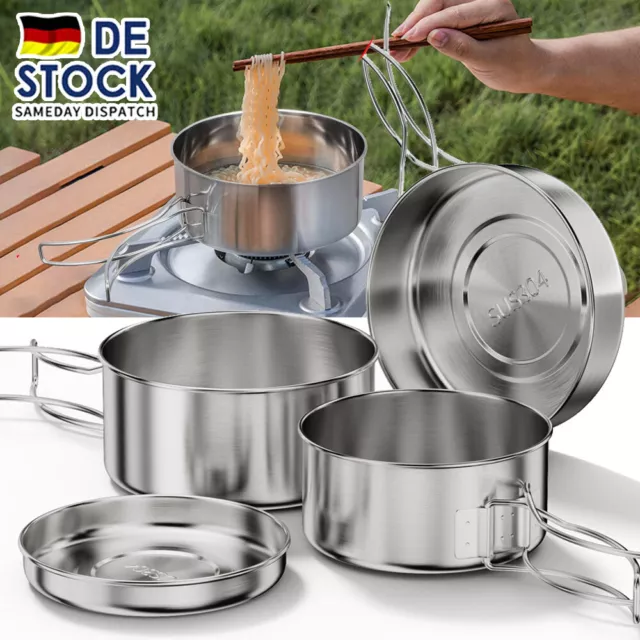 4x Camping Kochgeschirr Edelstahl Outdoor Koch-Set Campinggeschirr Töpfe Pfanne