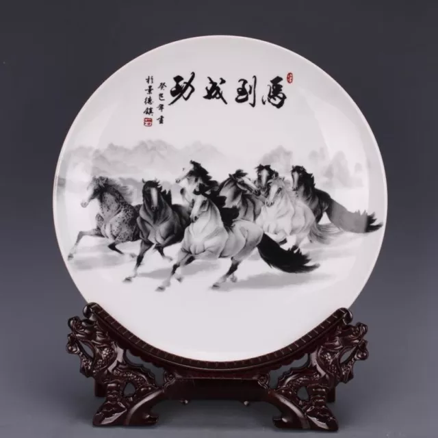 Exquisite Old Chinese porcelain color Hand Painted Horse plate 90263