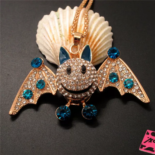 Hot Betsey Johnson Blue Bling Cute Bat Crystal Animal Necklace Sweater Chain