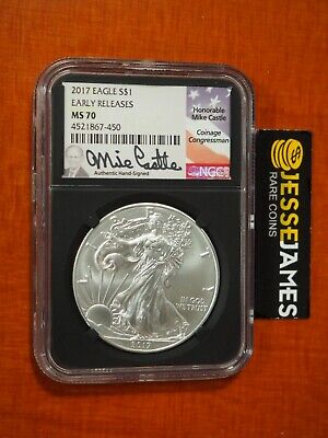 2017 Silver Eagle Ngc Ms70 Mike Castle Hand Signed Early Releases Black Core
