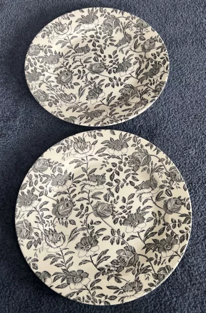 Set Of 2 Churchill England Black White Rose Peony Floral Dinner Plates  10.5”