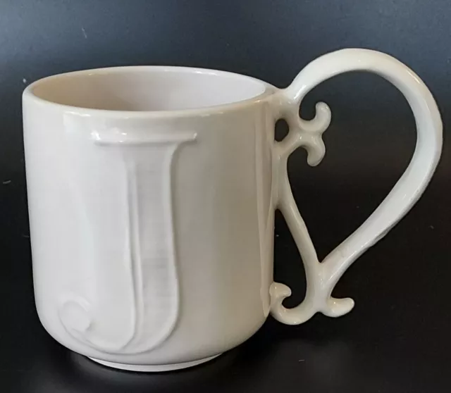 Pottery Barn A-Z Mug "LETTER J' Ornate Handle 16 oz Embossed Coffee Cup Mug