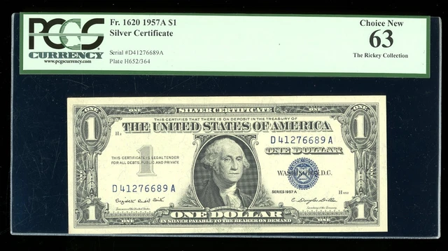 DBR $1 1957-A Silver Fr. 1620 DA Block PCGS 63 Serial D41276689A