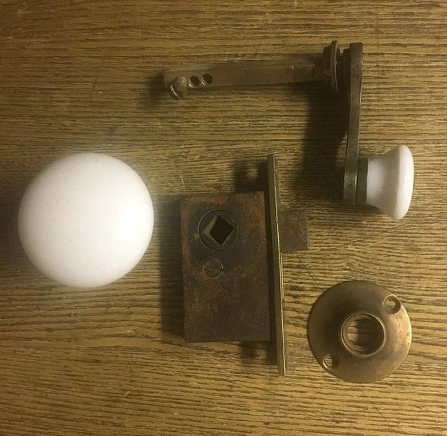 Rare Antique French Door White Porcelain & Cast Brass Passage Door Set, c1890 2