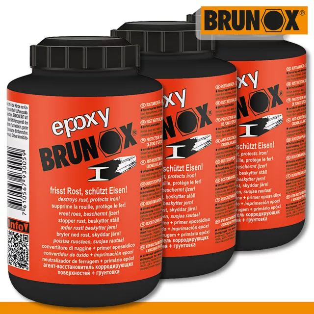 Brunox 3x 250ml Epoxy Anti-rouille Couche Primaire Clôture Hélice Acier Fer Etui