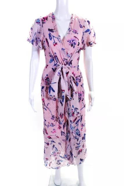 Tanya Taylor Womens Side Zip Short Sleeve V Neck Floral Silk Dress Pink Size 0