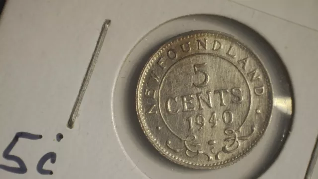 1940c Newfoundland Five Cents Silver  AU- NICE DETAILS! King George VI Nfld. 5¢