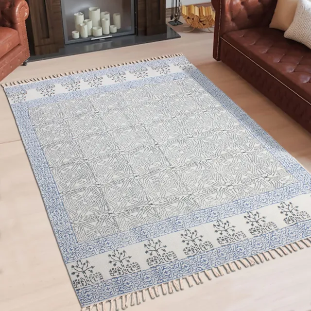 Natural Cotton Dhurries Bedroom Blue Kilim Living Room Area Rugs Hand Woven Mats