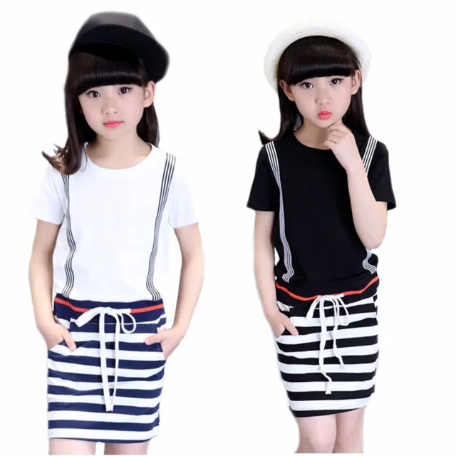 Quality Girls Black & White Stripe Short Sleeve Cotton Dress Age 5 - 10 Years