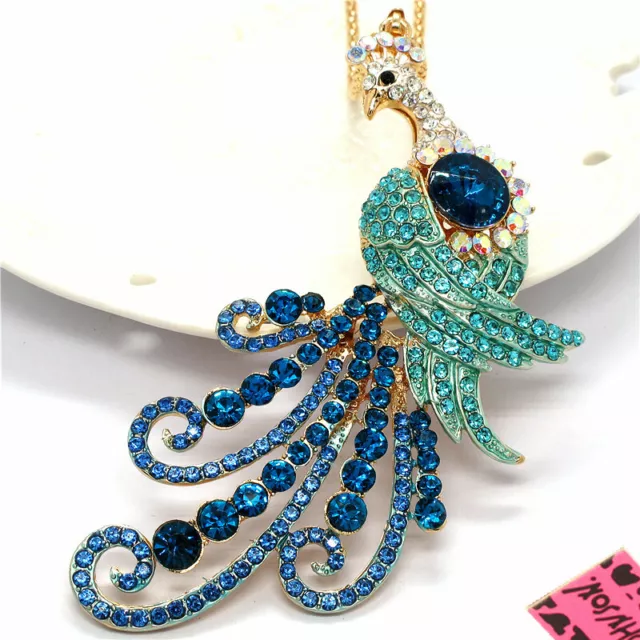New Betsey Johnson Rhinestone Peacock Blue Crystal Pendant Chain Necklace Gift