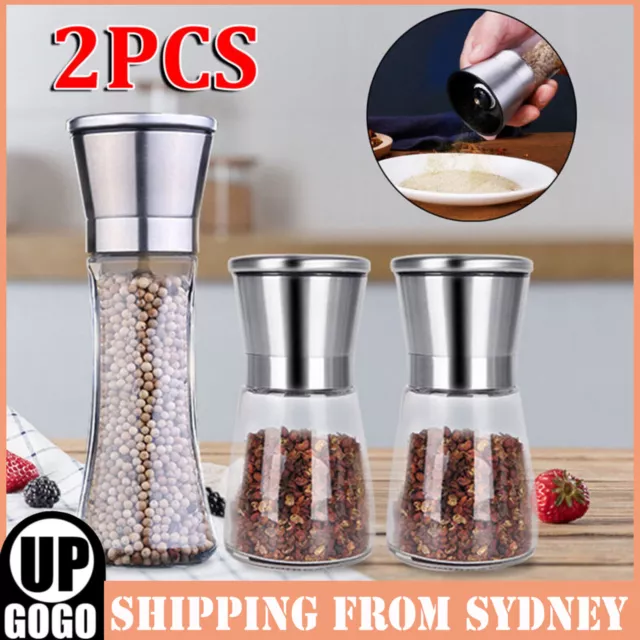 2PCS Salt and Pepper Grinders Stainless Steel Glass Ceramic Mills Kitchen Set AU