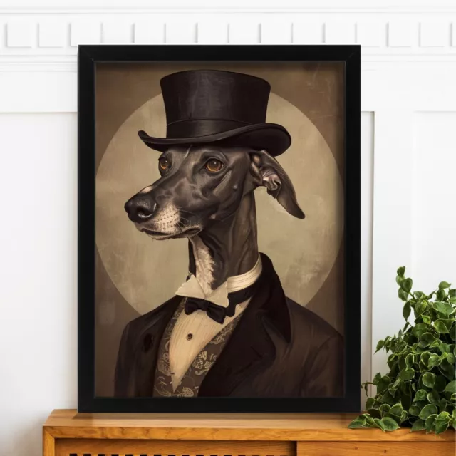 Elegant Greyhound in Top Hat & Suit Art Print Whippet Wall Art Vintage Dog Art