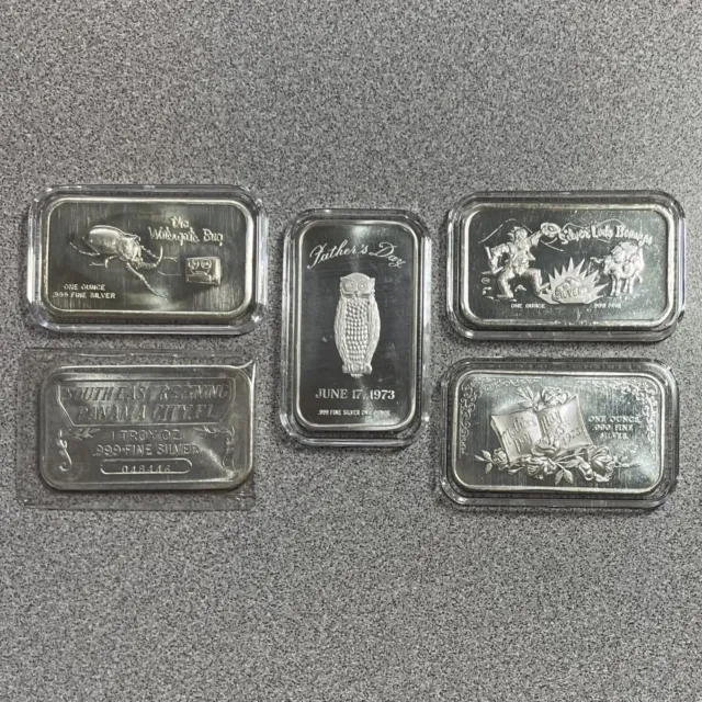 5 Vintage 1 oz Silver Art Bars (Fathers Day, Mothers, Panama, Colonial Mint)