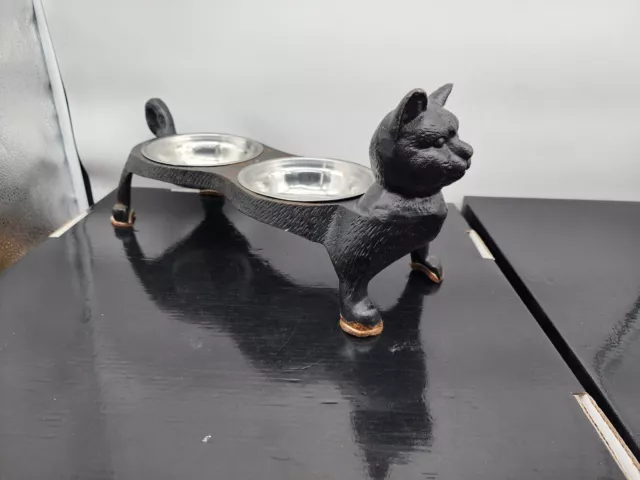 vintage black americana cast iron cat food water bowl feeder With BOWLS