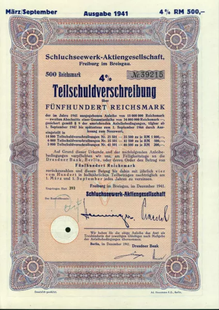 100 Stück Schluchseewerk-Aktiengesellschaft 4 % TSV 1941 500 RM