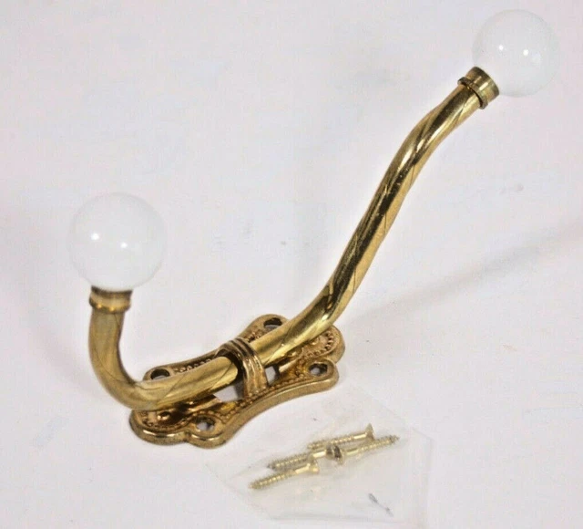 Twisted Brass Porcelain Knob Vtg Victorian Taiwan 6” Hat Coat Hook General Store