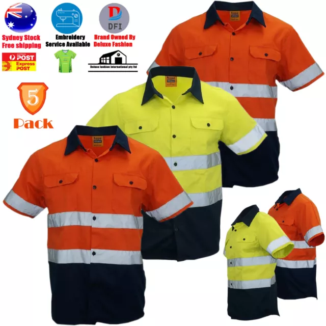 5 PACK Hi Vis Work Shirt Light Cotton Drill Safety Short Vents Back Cape 3M Tape