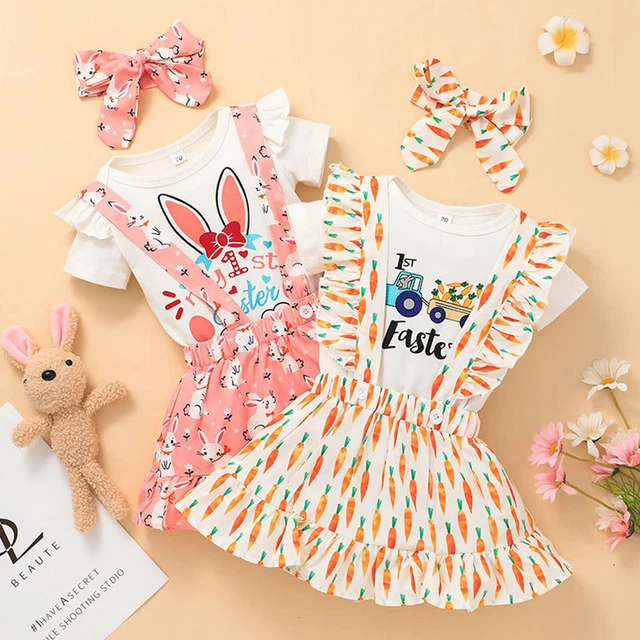 Infant Baby Girls Outfit Romper T-shirt Suspender Skirt and Bowknot Headband Set