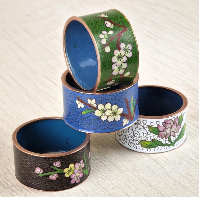 4 Cloisonné Anillo Servilletas Trendwandemaille Decoración Floral China 1960er