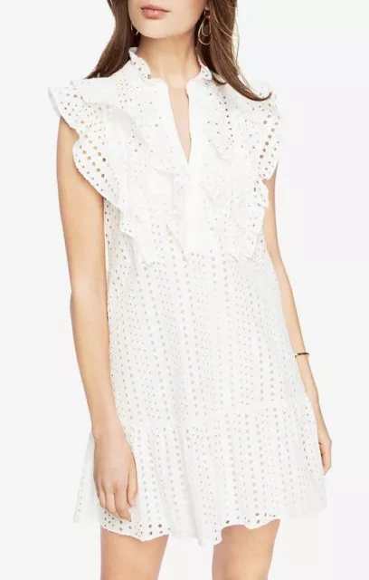 BCBG MAXAZRIA Off White Flutter Sleeve Ruffle Eyelet Dress Size Small