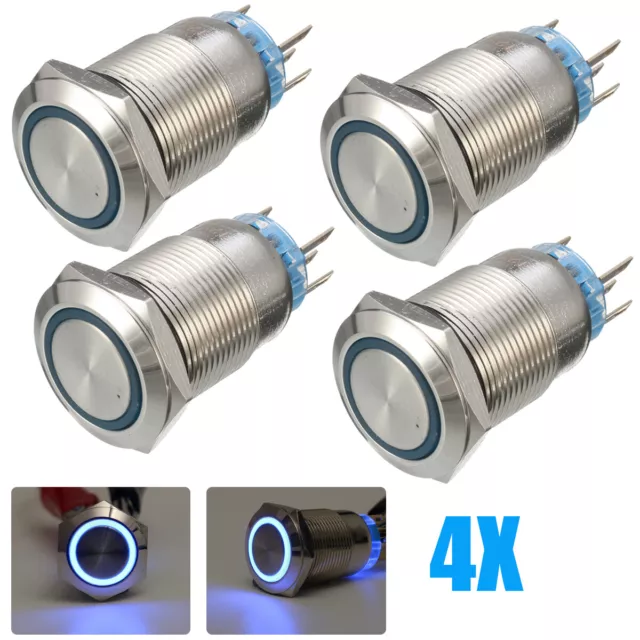 4x 19mm LED Push Button On Off Latching Switch Stainless Steel Car Boat Marine