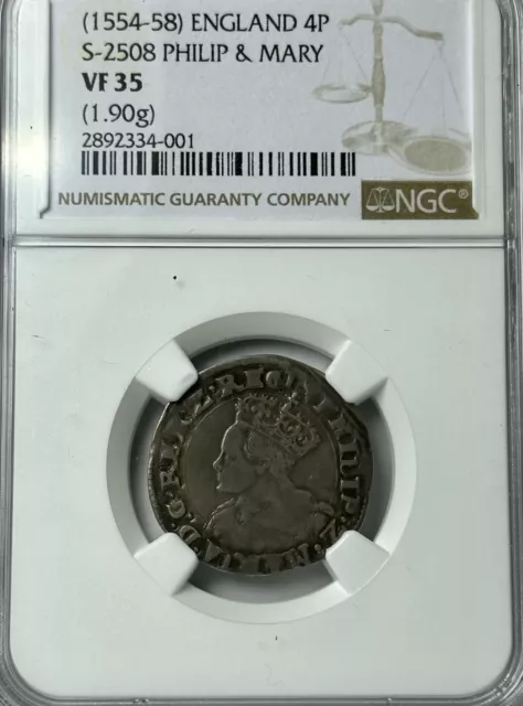 UK (1554-1558) Philip & Mary 4 Pence (Groat) NGC VF35 Britain Tudor Era S-2508