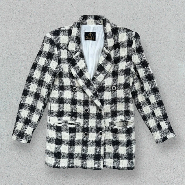 Giacca blazer vintage fibbia taglia UK 8-10 nera a scacchi bianco doppio seno anni 80