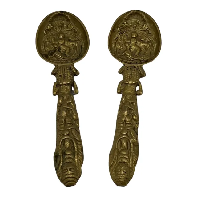 Egyptian Mummy Frog Sphinx Brass Spoon Pair  6 inches Estate Find Vintage