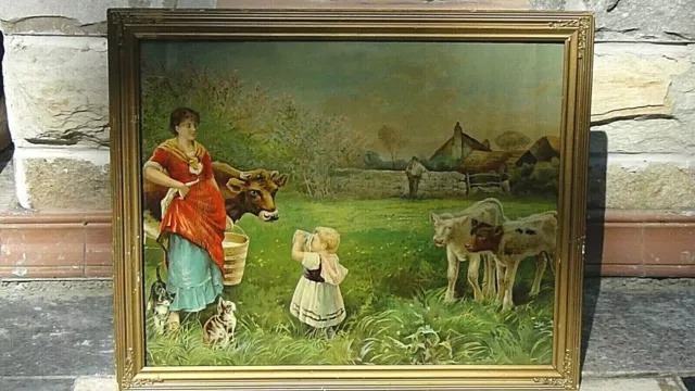 ANTIQUE 19c GERMAN VICTORIAN LITHOGRAPH VILLAGE SCENE WITH A GERMAN PEASANTS