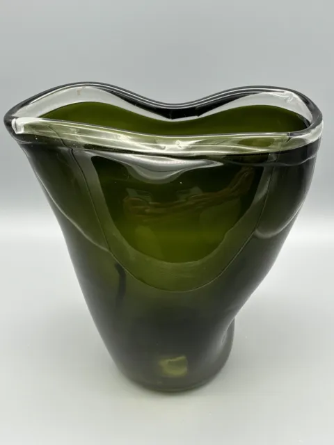 Green Art Glass Vase Hand Blown Folded Design Heavy 10”