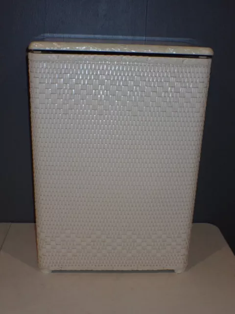 Vintage Off White Woven Wicker Laundry Basket Hamper w/ Hard Lid - Retro MCM