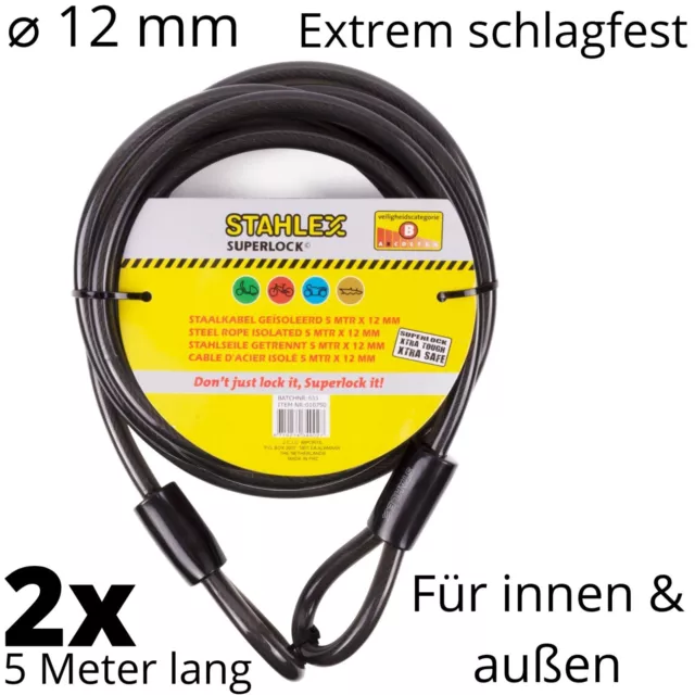 Stahlseil Stahlkabel mit Ösen Sicherheitskabel Diebstahlschutz Ø 12mm 5 Meter