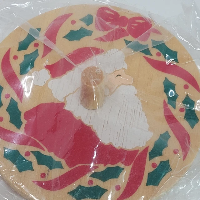Vtg Dakin Santa Wood Spinning Top Toy Holly & Bows Christmas Decor  3" 1991 NOS