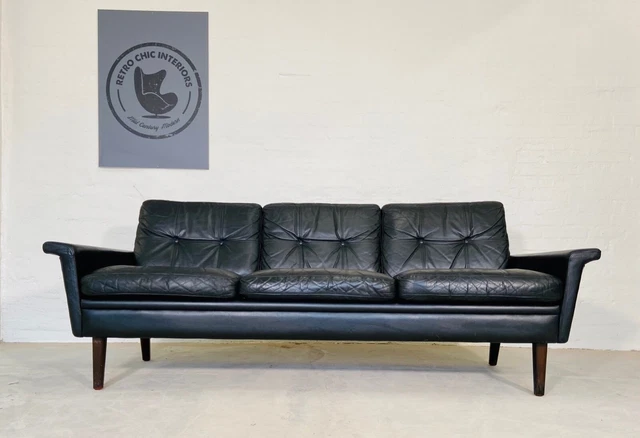 VINTAGE DANISH MID CENTURY SVEND SKIPPER 3 PERSON SOFA IN BLACK LEATHER 1970,s