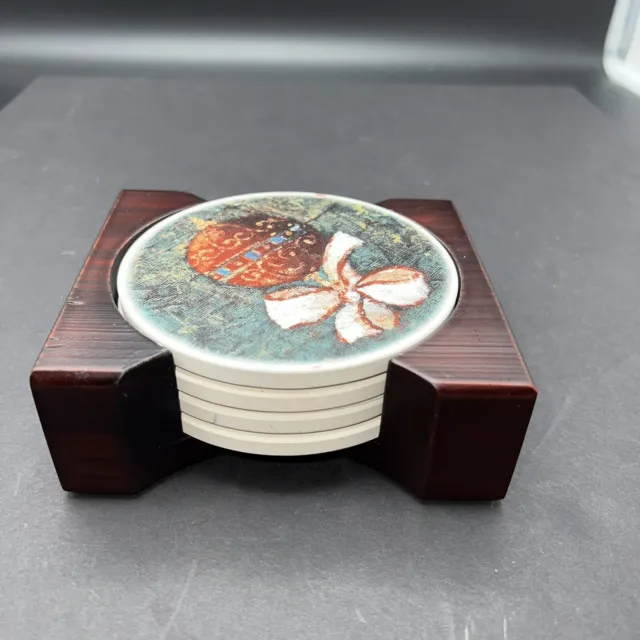 Ceramic Christmas Round Coasters with Cork Bottom 4" x 4" in Wood Holder