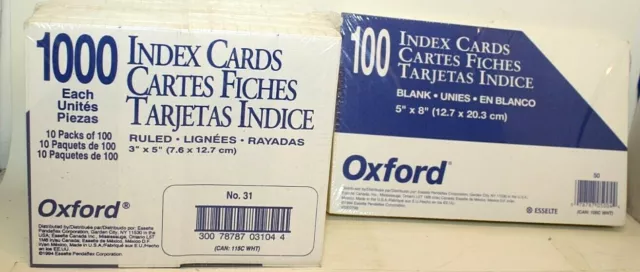 Oxford Index Cards-New-Sealed-3 x 5-1000 Lined-10 Pak-5 x 8 100 Blank-1 Pak