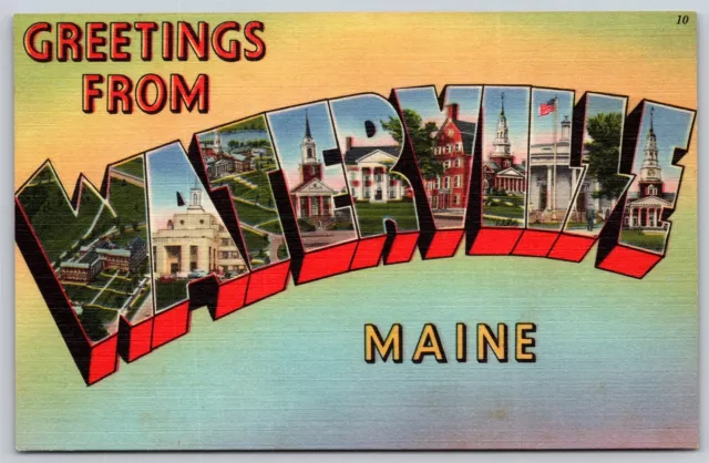 Postcard Greetings from Waterville Maine large letter linen O122